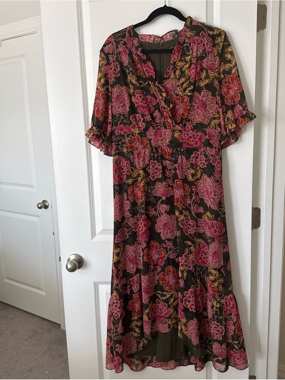 Maggy London Gold, Pink and Brown Floral Midi Dress Size 12